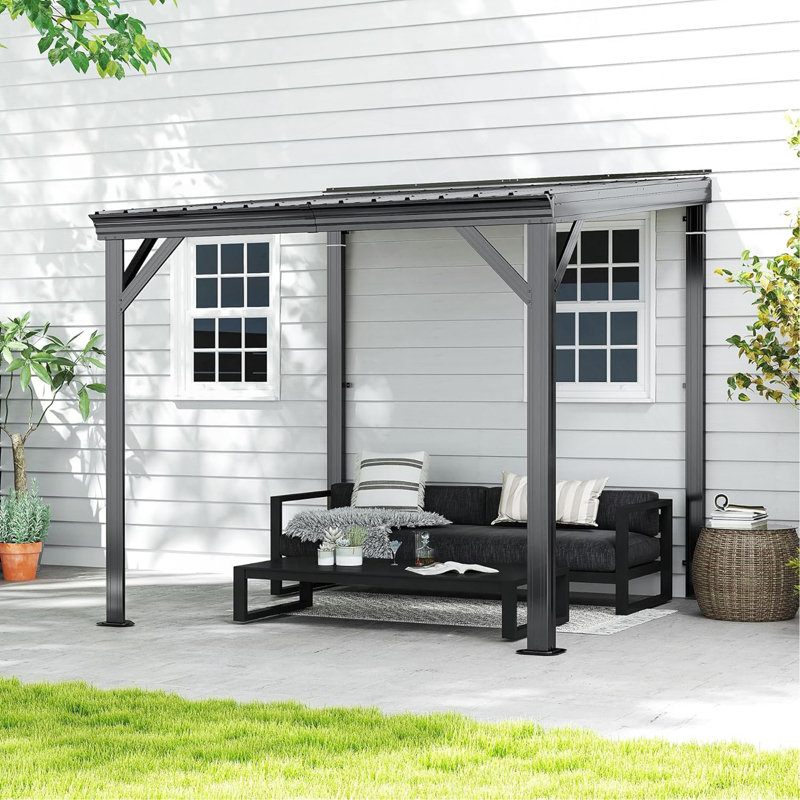 8' Lean To Gazebo With Upgraded Drainage System, Wall Mounted Gazebo Hardtop Galvanized Steel Sloping Roof For Patio Deck Backyard Lawn Party