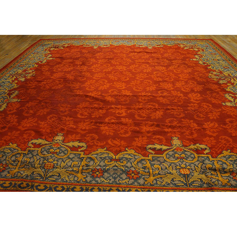 1900s Red Floral Antique English Edwardian Axminster Carpet 13'8"x14' Wool Rug