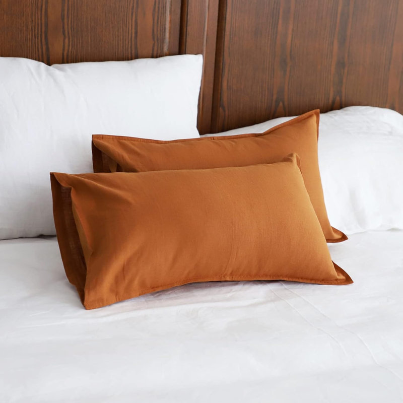 Linen Pillowcases 1 Pair Basic Style 55% Euro Linen 45% Cotton Blend Solid Color Flax Shams Set Of 2，12X20 Inch, Rust