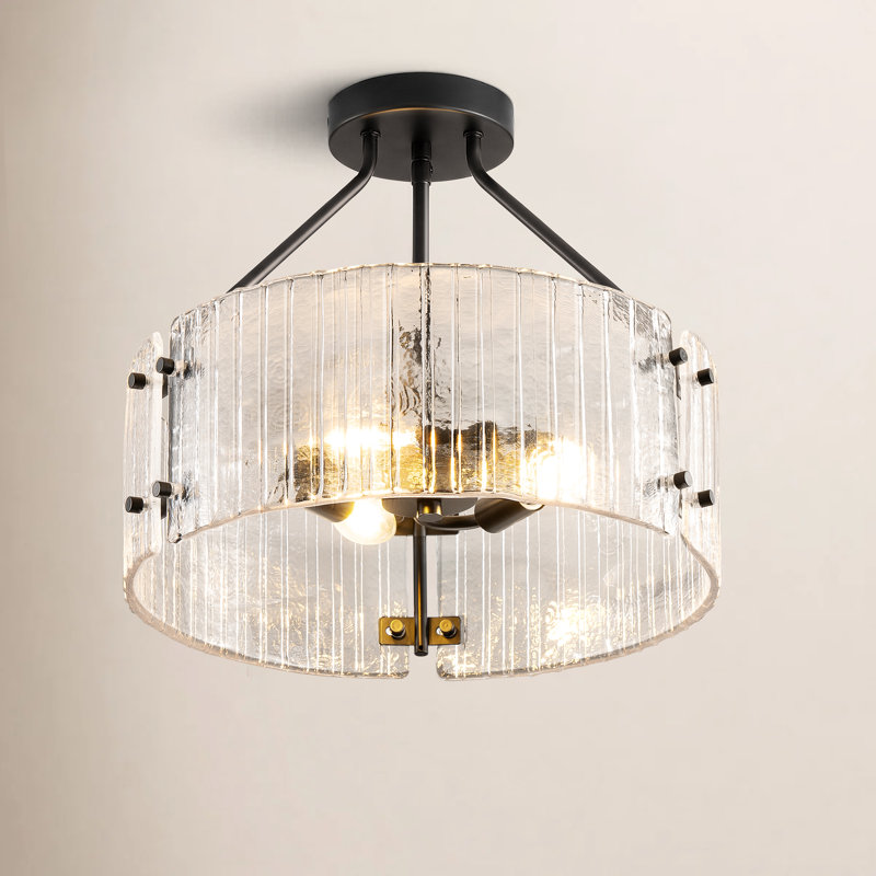 Plafonnier semi-encastré moderne noir mat de 15 pouces, lampe de plafond cylindrique en verre transparent côtelé à 3 lumières