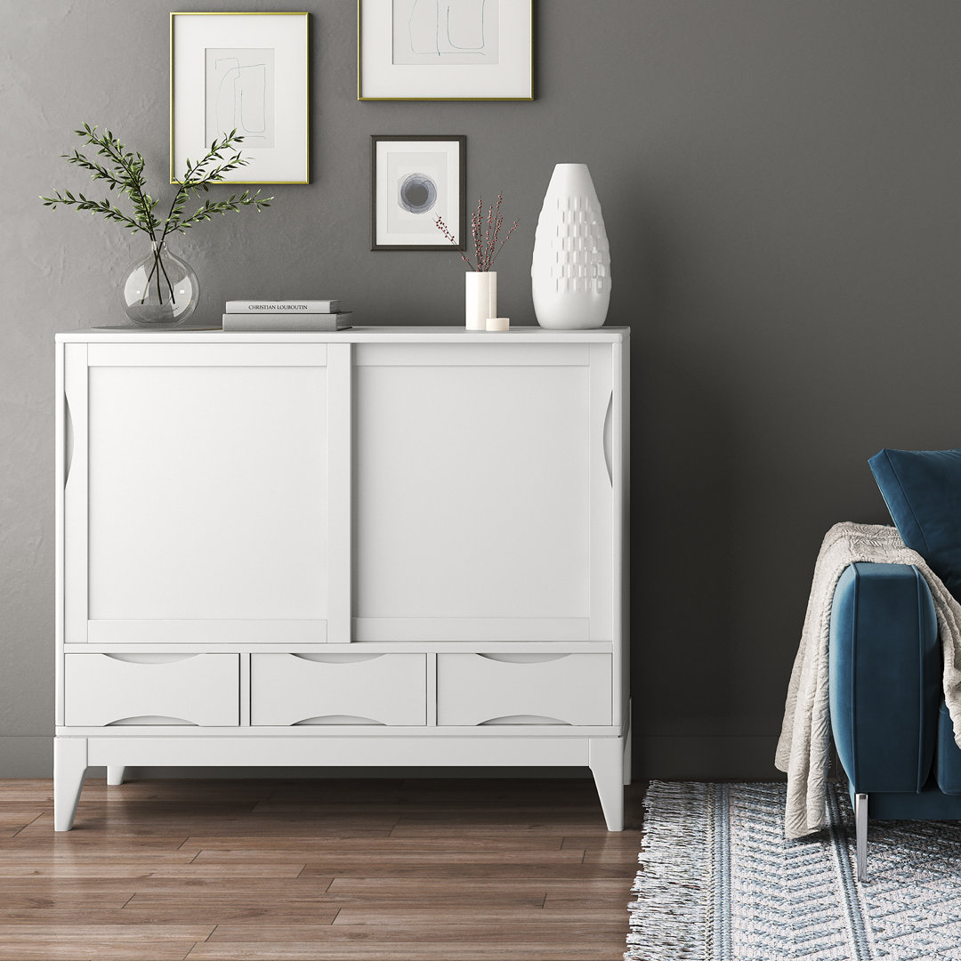Harper 48"W Solid Hardwood Mid-Century Modern Medium Storage Cabinet with Sliding Doors and Drawers Simpli Home 