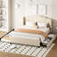 Grand lit plateforme tapissier avec tête de lit à oreilles, 2 tiroirs, lit gigogne, sans sommier, tête de lit en lin beige, grand lit, tissu simple-130429209