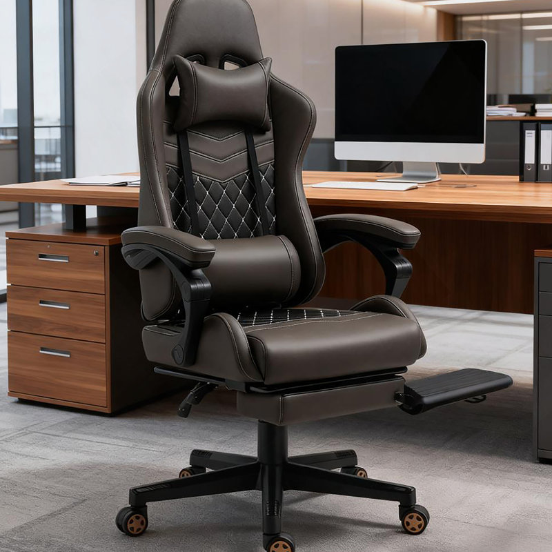 Fauteuil inclinable pivotant en cuir de polyuréthane avec dossier haut, support lombaire et hauteur réglable, Brun