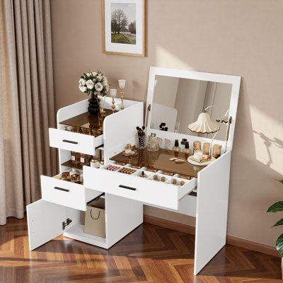 Bureau de coiffeuse 3 en 1 avec miroir rabattable, plateau de table en verre ambré, rangement caché, casier semi-ouvert, tiroirs et armoire