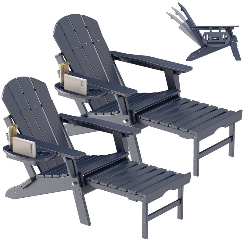 HDPE Folding And Adjustable Adirondack Chair With Ottoman, Navy
