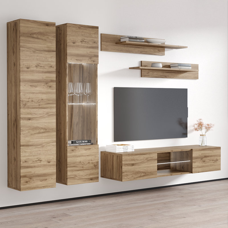 100" Modern Floating Wall Mounted Entertainment Center with 16-Color LED Lighting, High Gloss Finish, Oak