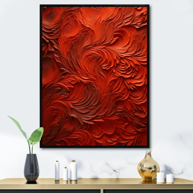 Volcanic Red Fusion Vector 2 - Tachisme, art mural, Cadre flottant noir, 32" H x 24" W