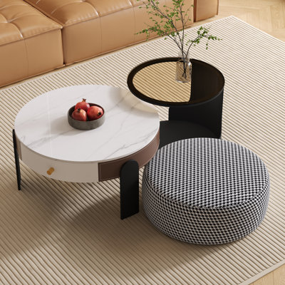 2 - Piece Round Living Room Table Set Modern Nesting Coffee Table Sets With Glass Top And Ottoman