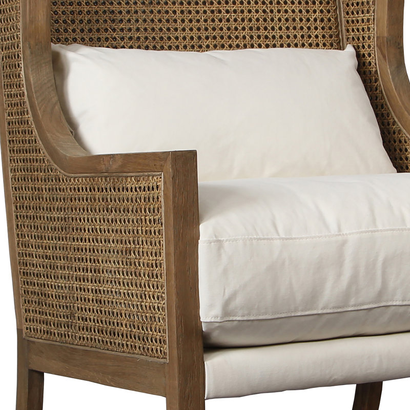 Mack Cotton Performance Fabric and Oak Wingback Accent Chair w/ Rattan Accents