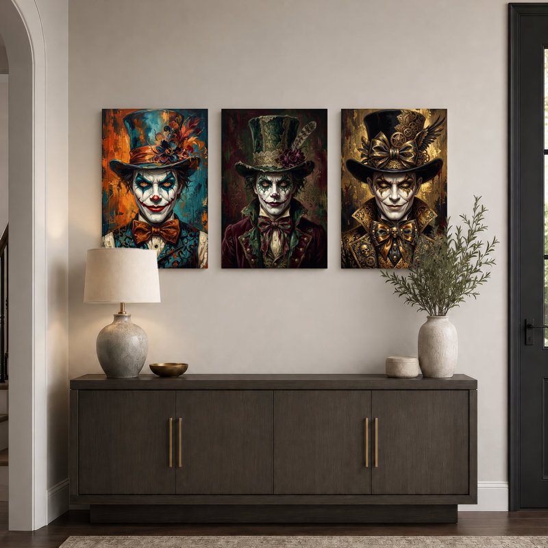 Ensemble de 3 toiles murales colorées représentant trois clowns de cirque gothiques pour l'Halloween, 18"H x 12"W x 3pcs
