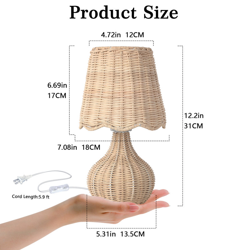 Petite lampe de table Austun, Rotin, Bouton-poussoir, Beige