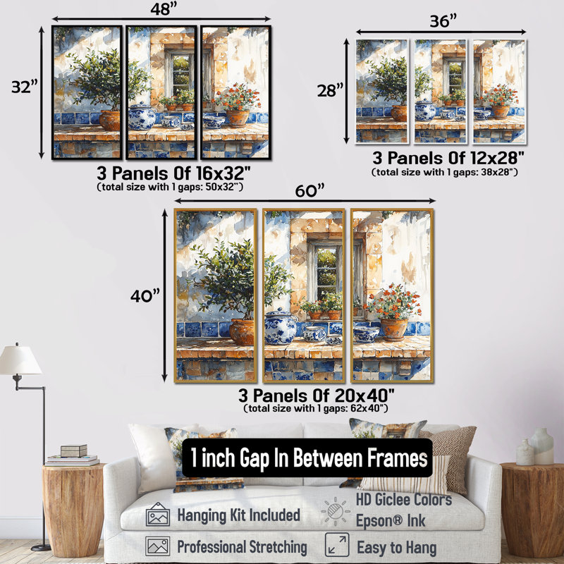 «Blue and Green Kitchen Greek Kitchen», ensemble d'art mural, H 28 po x l 36 po x P 1 po, Toile avec cadre flottant noir
