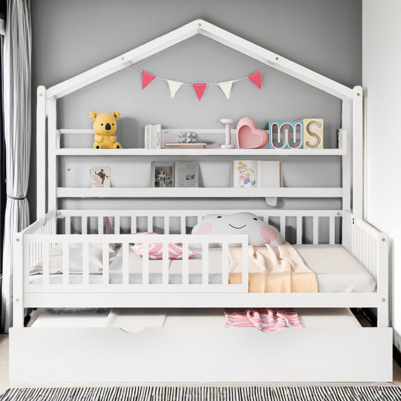 Lit en bois avec lit gigogne simple, Lit double, White
