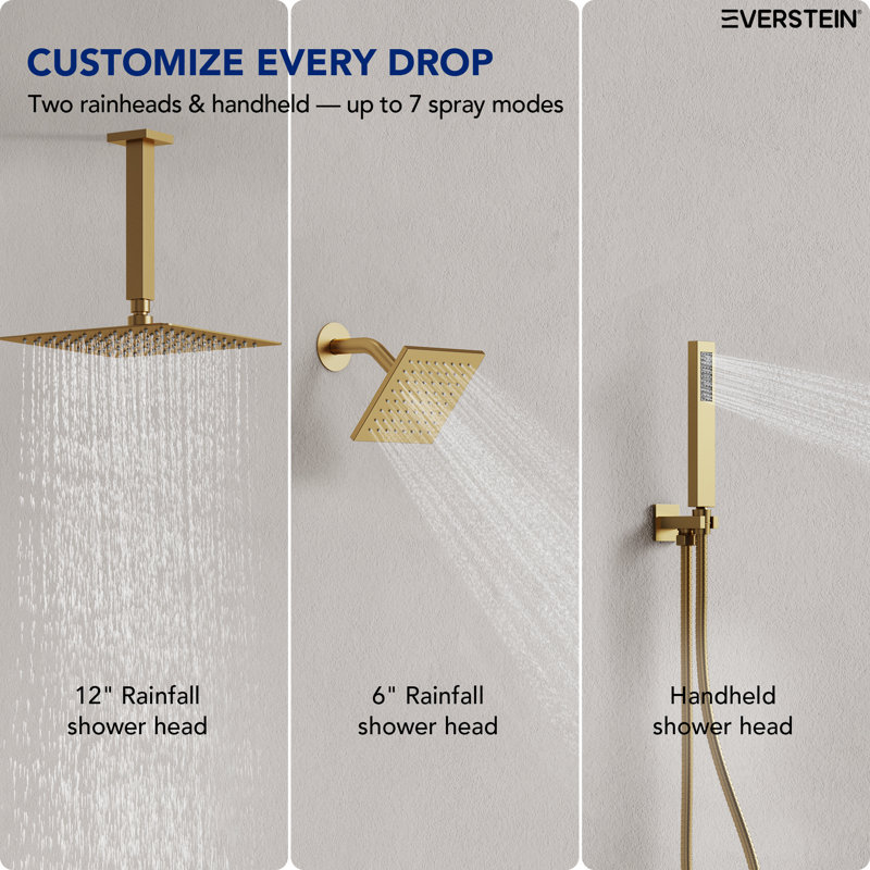 Thermostatic Dual Showerheads System, 12" High-Pressure Rainfall Shower Faucet with Handheld Shower, Brushed Gold
