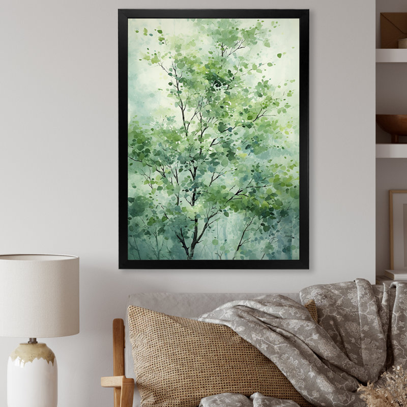 «Green Spring Blooms Tree II», art mural arbre, Cadre simple noir, H 40 po x l 30 po x P 1,5 po