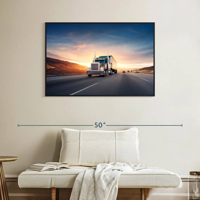 Excès de vitesse d'un camion au coucher du soleil, 40 po x 27 po, Cadre flottant noir