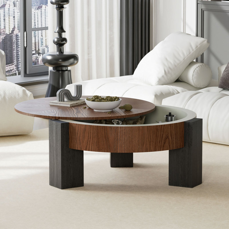 Table basse ronde de 33 po avec rangement dissimulé, table d'appoint moderne en placage de bois Wabi-Sabi, table d'appoint centrale robuste à 3 pieds pour le salon, petit espace