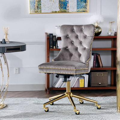 Velvet Upholstered Tufted Button Home Office Chair With Golden Metal Base