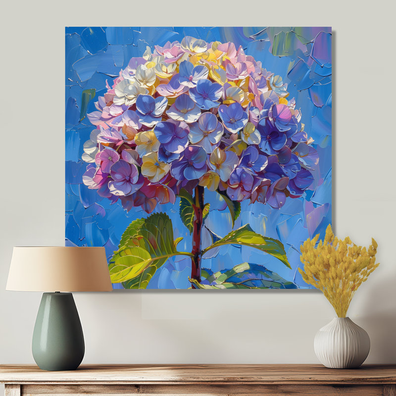 Décoration murale hortensia mauve et jaune, H 16 po x l 16 po, Toile tendue