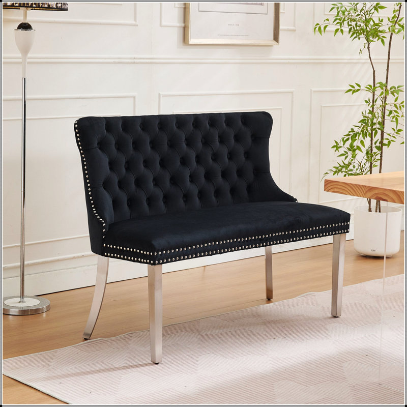 Banc en velours pour causeuse double, sièges de cuisine et de salle à manger, banc capitonné à 2 places avec boutons faits à la main, dossier à oreilles, pieds en acier plaqué, ensemble moderne Mid-Century, paquet simple