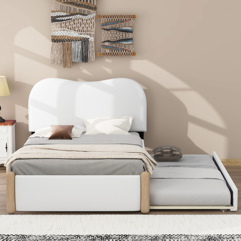 Lit plateforme avec lit gigogne simple - revêtement en bois massif rembourré, expérience de sommeil relaxant, Twin, White