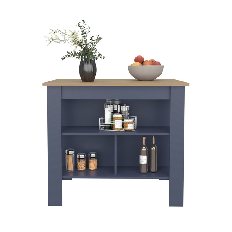 Îlot de cuisine H 35,3 po, 3 tablettes, bleu Alby / chêne naturel - Cuisine