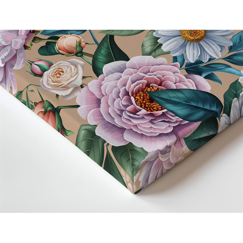 La toile crée un motif floral détaillé mettant en vedette un ensemble d'art mural luxuriant en fleurs, y compris des pivoines roses douces
