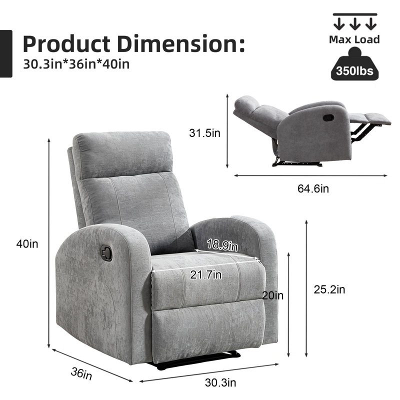  Fauteuil inclinable contemporain rembourré de 30,3 po de largeur, Light Grey