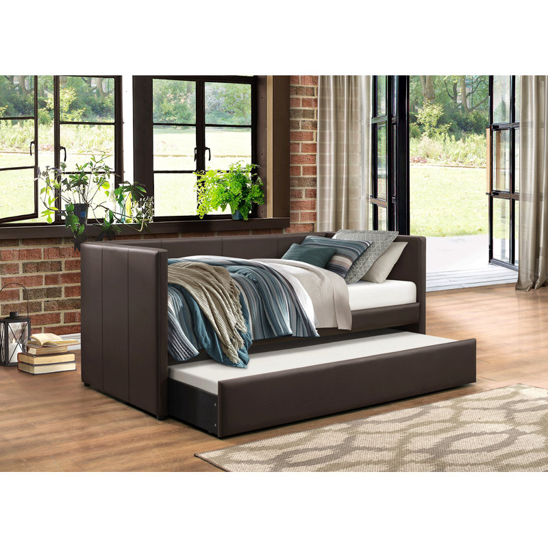 Faux Leather Upholstered Daybed with Trundle, Brown