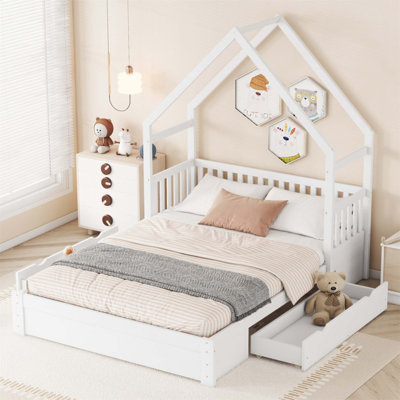 Charmant lit plateforme en bois avec garde-corps et 2 tiroirs, parfait pour les chambres d'enfants créatives et sécuritaires