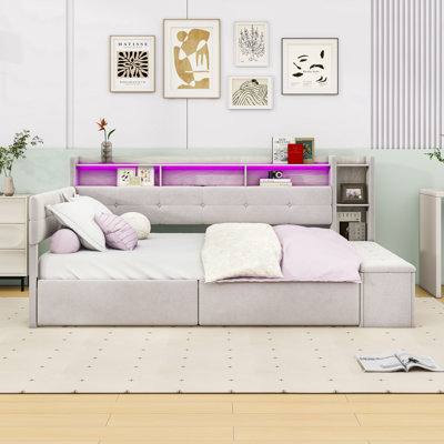 Upholstered Daybed with Storage Drawers, LED Lighting, USB Ports