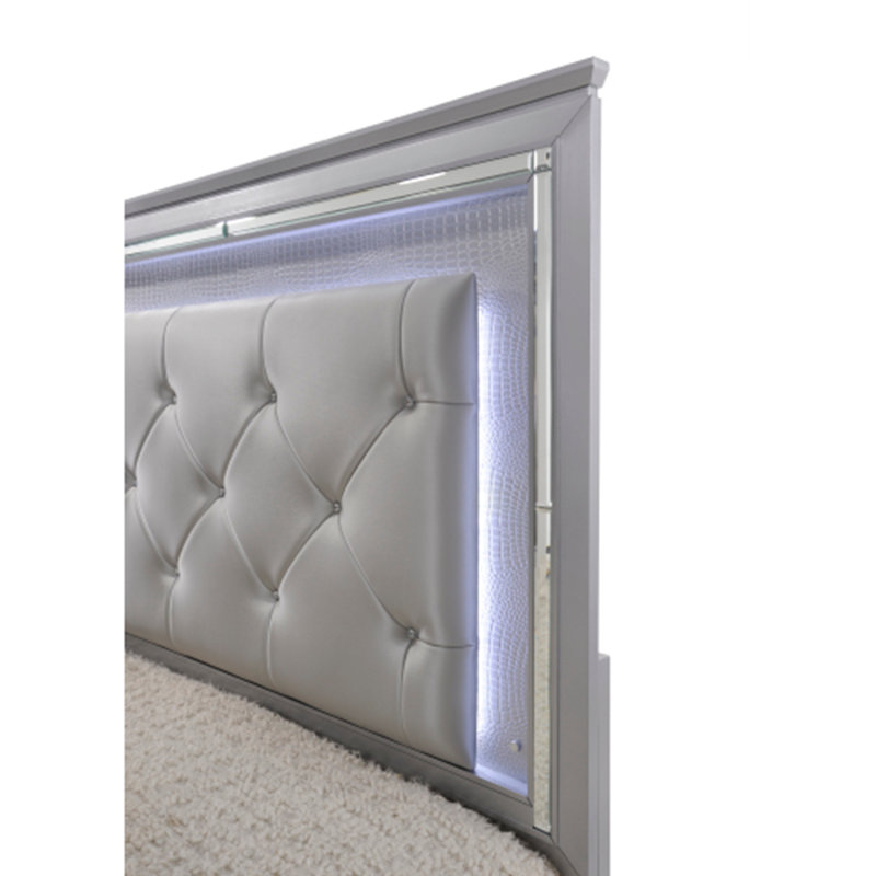 Grand lit à panneau Modern Modern avec revêtement et miroir biseauté - beige argenté