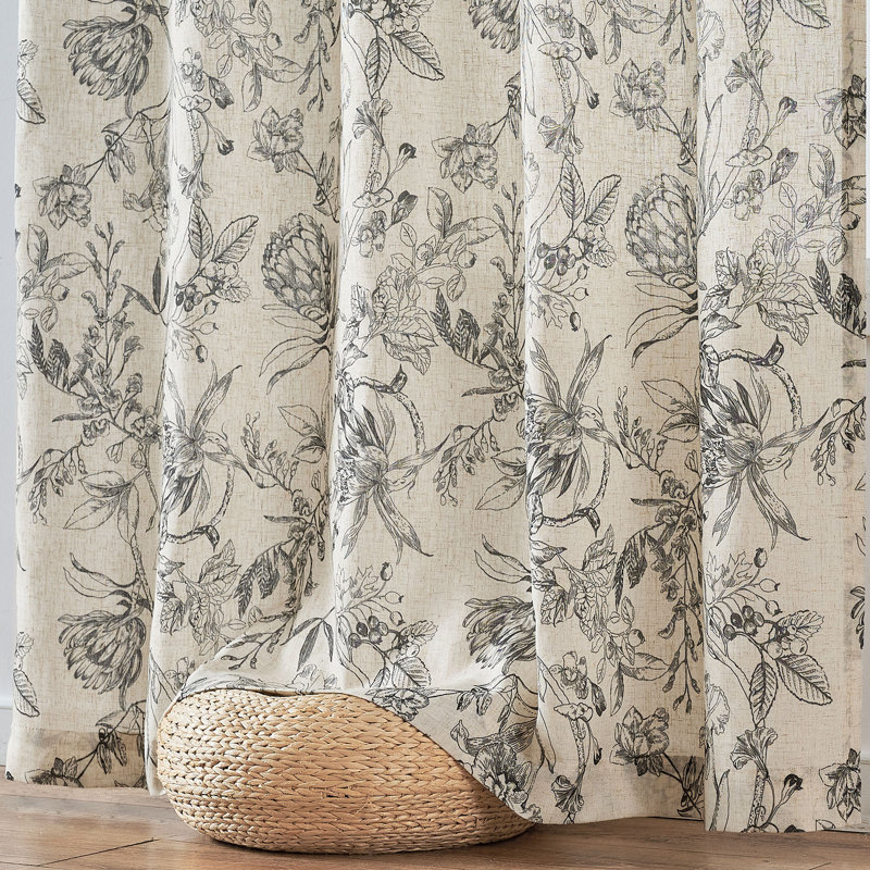 Floral Linen Blend Farmhouse Rod Pocket Curtains, 50" W x 84" L, Black