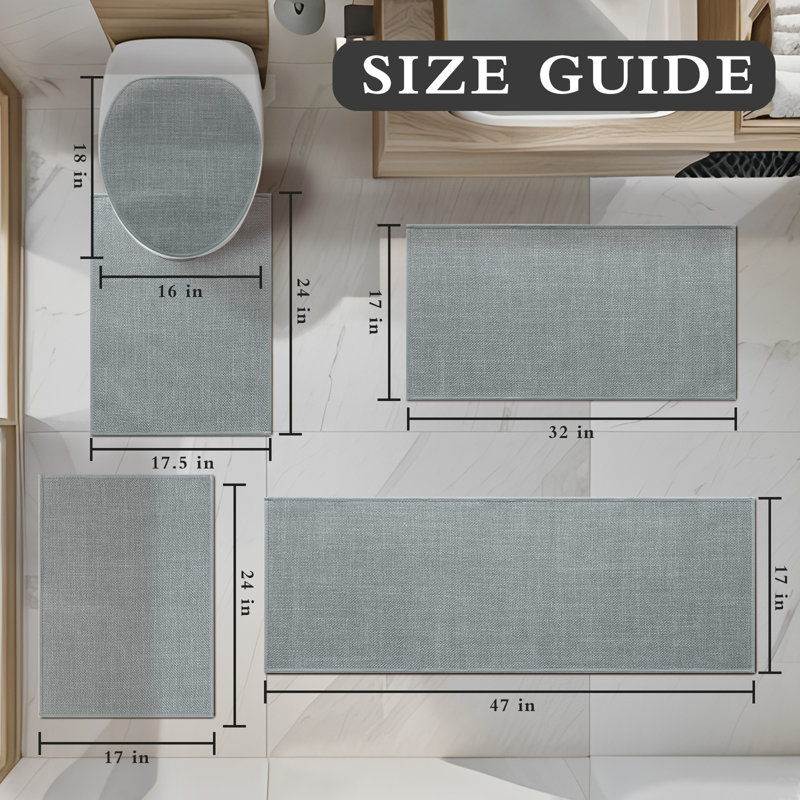 Ensemble de tapis pour salle de bain 5 pièces aspect lin avec envers antidérapant, Gris clair