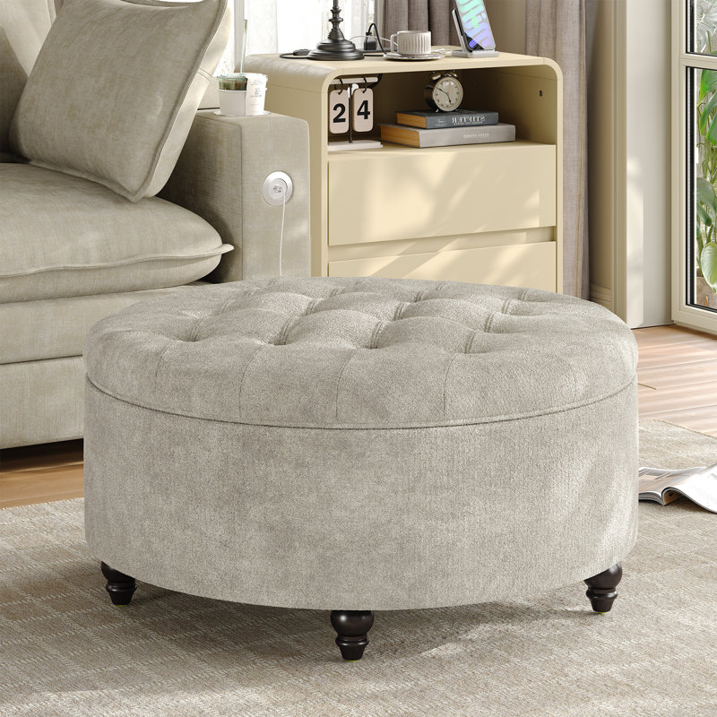 Upholstered Chenille Storage Footstool, 28", Light Grey