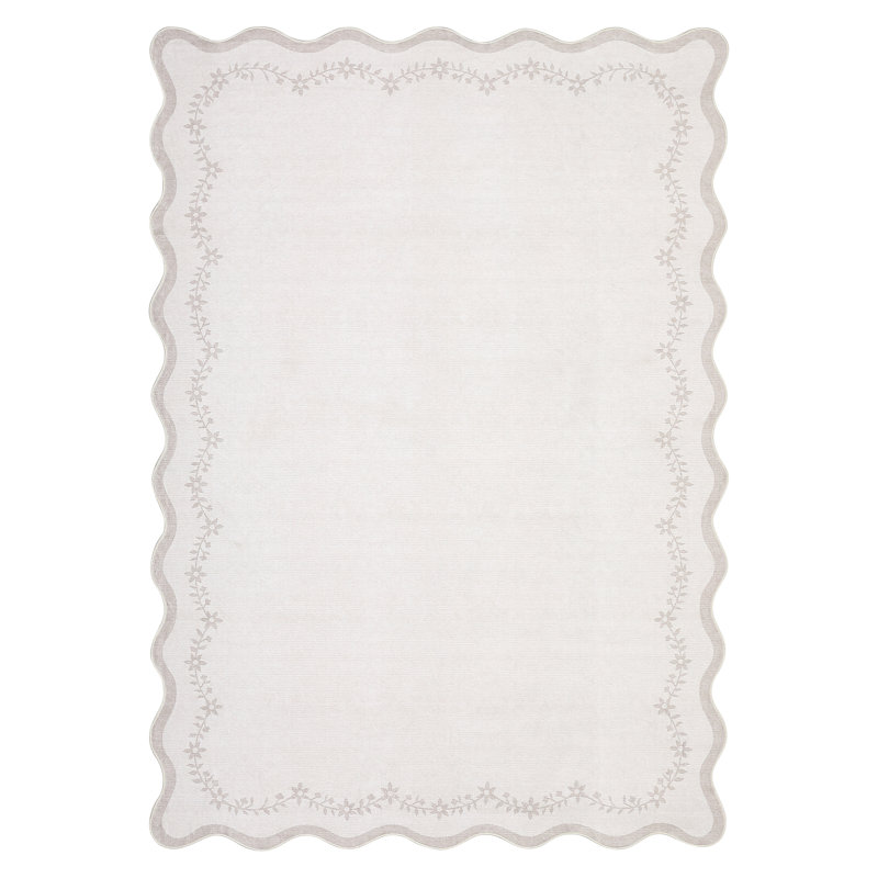 Floral Scalloped Non Slip Washable Area Rug for Living Room Bedroom, Low Pile  Thin Solid Home Decor Carpet, Ivory