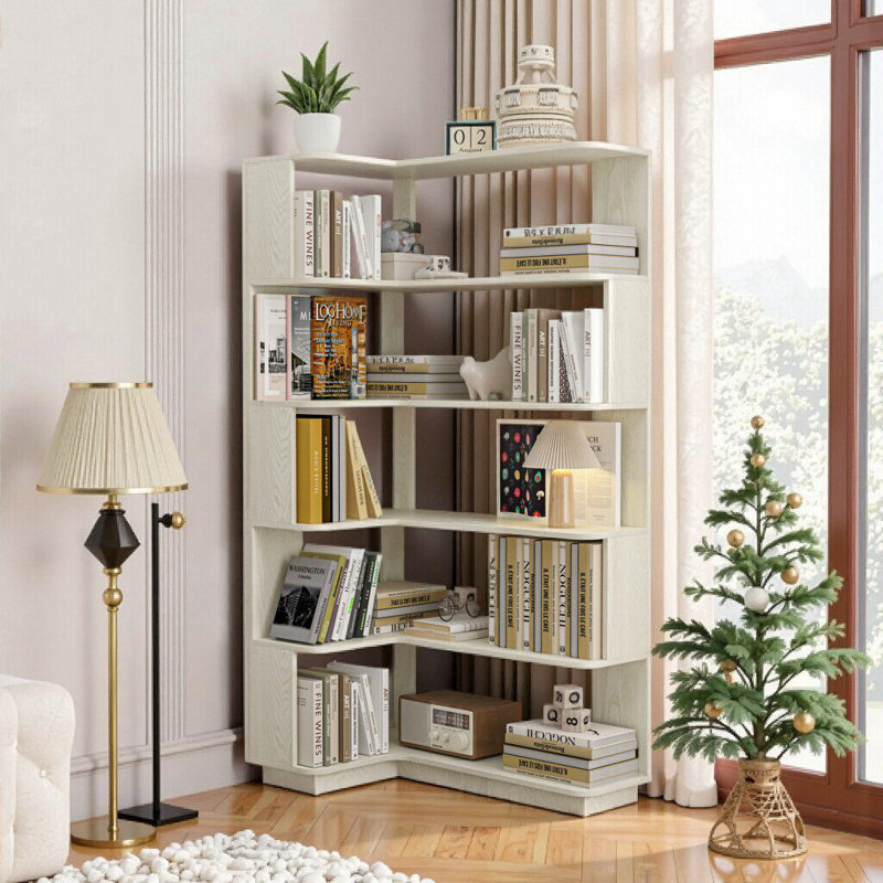 Bibliothèque d'angle à 5 niveaux en L: solution de rangement peu encombrante, Blanc
