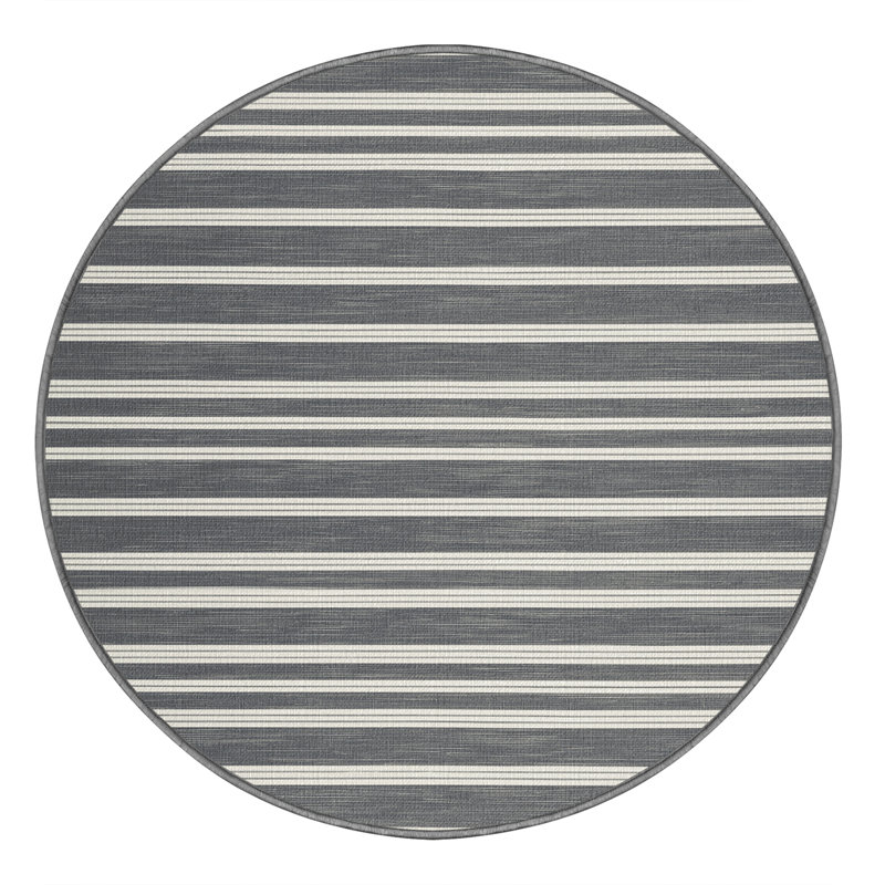Tapis gris à rayures horizontales lavable à la machine, Rond 8 pi