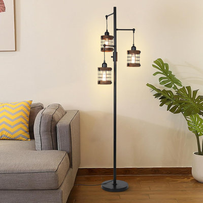 Dimmable 3-Light Industrial Floor Lamp With Wood & Metal Cage, Farmhouse Standing Lamp For Living Room, Bedroom, Office, Rustic Tall Tree Lamp