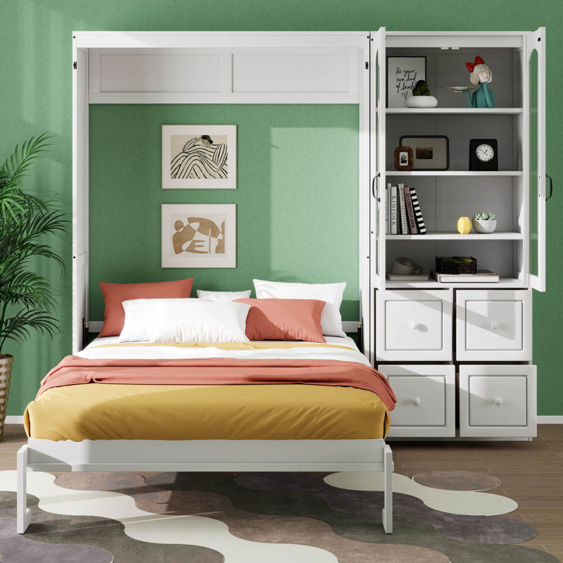 Lit escamotable vertical Queen Size avec étagères et tiroirs de rangement, lit mural escamotable avec bibliothèque, lit caché pliable avec meuble réversible gauche-droite