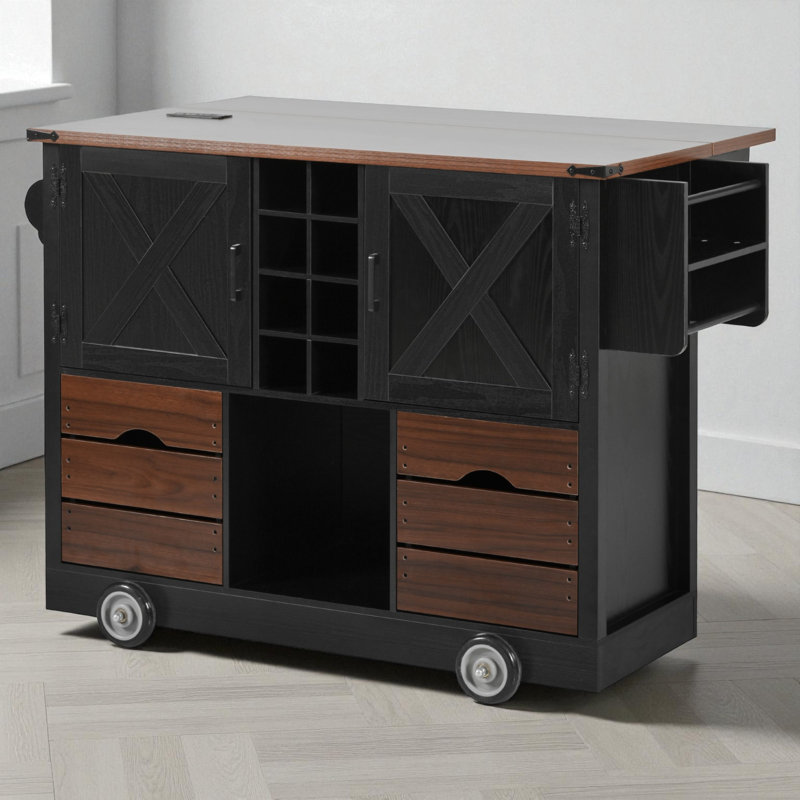 54" Rolling Kitchen Island With Drop Leaf And Power Outlet And 2 Drawers, Black