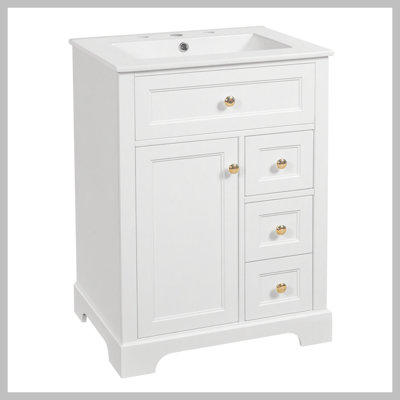 24'' White Bathroom Vanity with Sink, MDF & Pinewood Construction, 3 Drawers & Cabinet with 2-Tier Door Storage Rack, Soft-Close Door & Drawers, Modern Design for Small to Medium Bathrooms