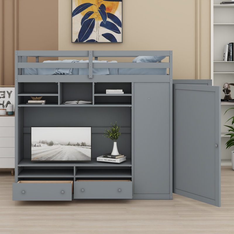 Loft Bed With Drawers, Shelves And Light, Gris