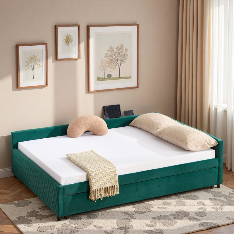 Upholstered Daybed With Trundle And Usb, Emerald