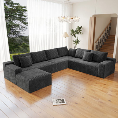 Canapé modulaire en forme de U de 138 po Koli, canapé à nuage de compression pour 7 personnes, velours côtelé gris, faisant face à la droite