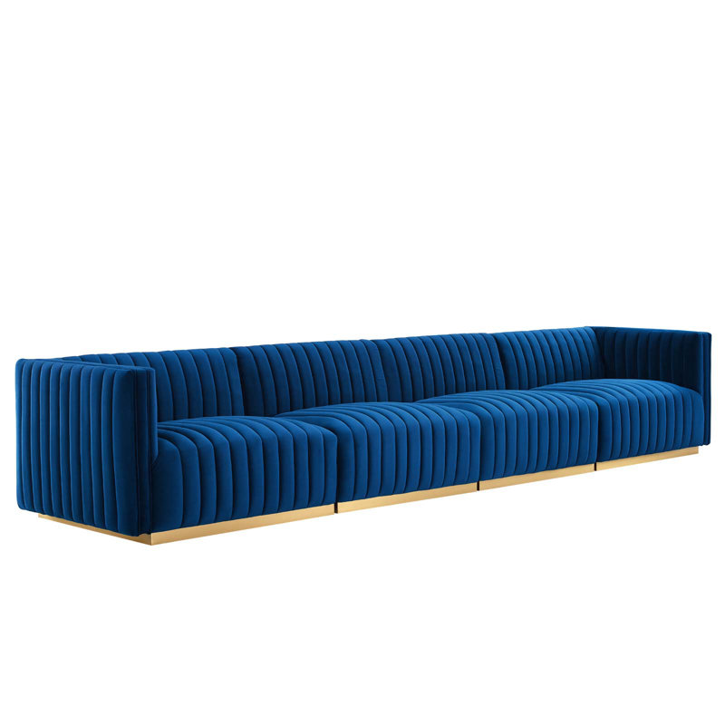 Elegant Gold Navy Tufted Velvet Sofa with Brushed Gold Base
