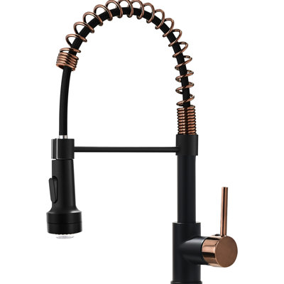 Robinet de cuisine à poignée simple à levier unique avec robinet escamotable, noir et or rose, style contemporain, matériau en laiton, bec arqué rotatif à 360 degrés, levier commercial anti-corrosion, couleur,