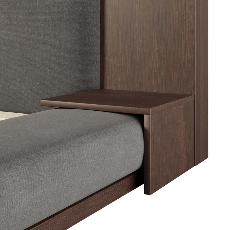 Floor Upholstered Platform Bed With Extended Wood Headboard & Bedside Shelf,No Box Spring Needed, King