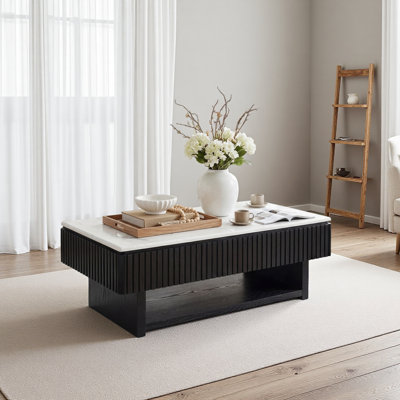 Rectangle Lift Top Coffee Table With Drawer & Hidden Storage, Modern Fluted Table With Marble-Pattern Top & Solid Wood Strips