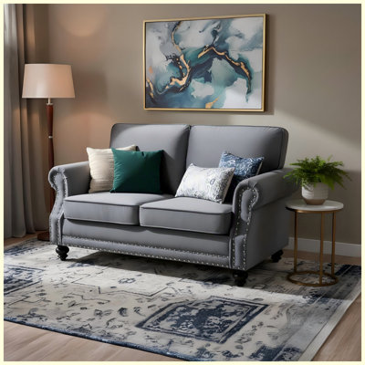 2-Seater Traditional Velvet Sofa with Turned Wood Legs, Nailhead Trim for Liv...